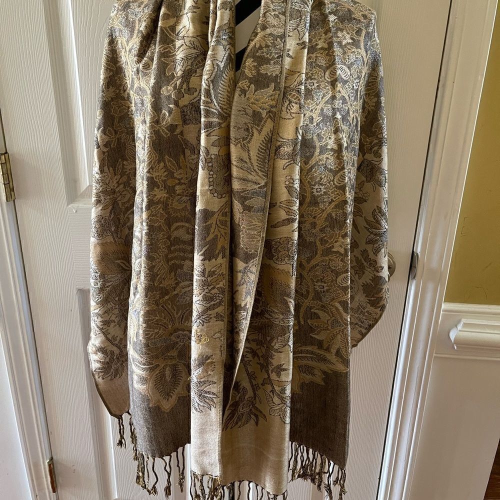 Pashmina 30%silk soft Shawl,Scarf Gold,brown with fringe length 70” with 28”